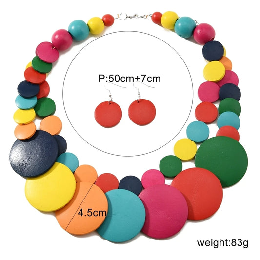 African Jewelry Bohemian Colored Geometric Round Wooden Beads Handmade Bead Necklace And Earrings