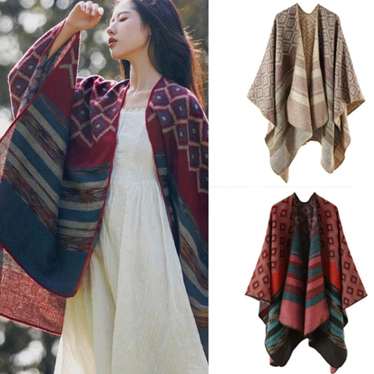 Geometric Pattern Mexico Poncho Sweater Handmade Pashmina Cloak Shawl Wrap for Travel Winter Autumn Windproof Capes