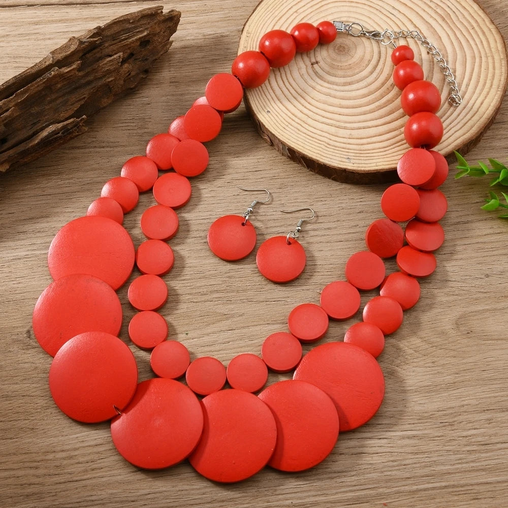 African Jewelry Bohemian Colored Geometric Round Wooden Beads Handmade Bead Necklace And Earrings
