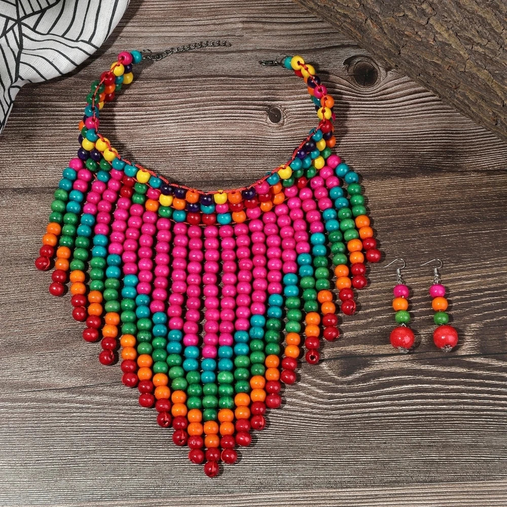 African Jewelry Set Bohemian Vintage Handmade Wooden Beaded Bib Necklace Earrings