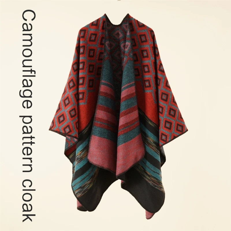 Geometric Pattern Mexico Poncho Sweater Handmade Pashmina Cloak Shawl Wrap for Travel Winter Autumn Windproof Capes
