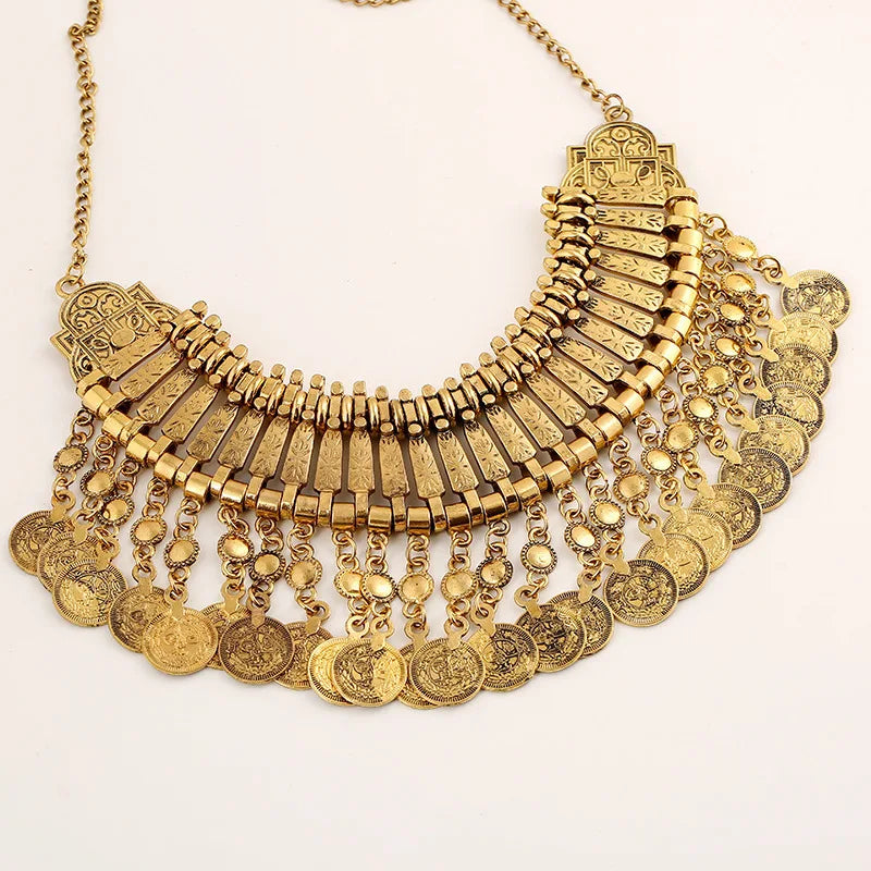 Gypsy Bohemia Metal Coin Tassel Statement Choker Necklace Women Boho Afghan Turkish Ethnic Tribal Jewelry