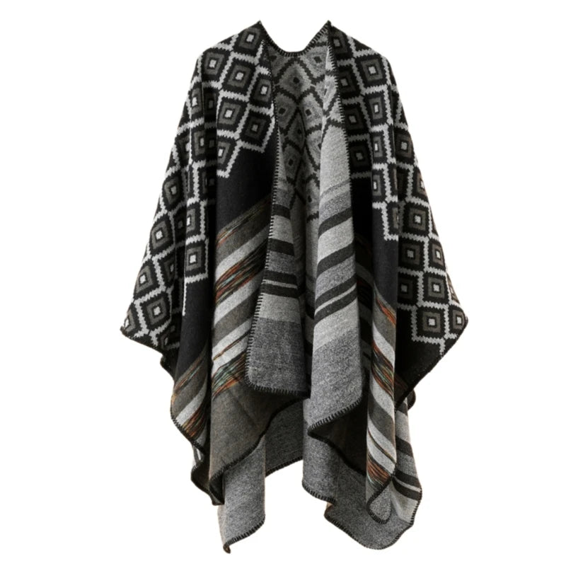 Geometric Pattern Mexico Poncho Sweater Handmade Pashmina Cloak Shawl Wrap for Travel Winter Autumn Windproof Capes