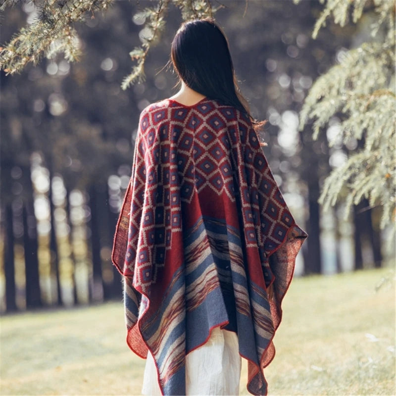 Geometric Pattern Mexico Poncho Sweater Handmade Pashmina Cloak Shawl Wrap for Travel Winter Autumn Windproof Capes