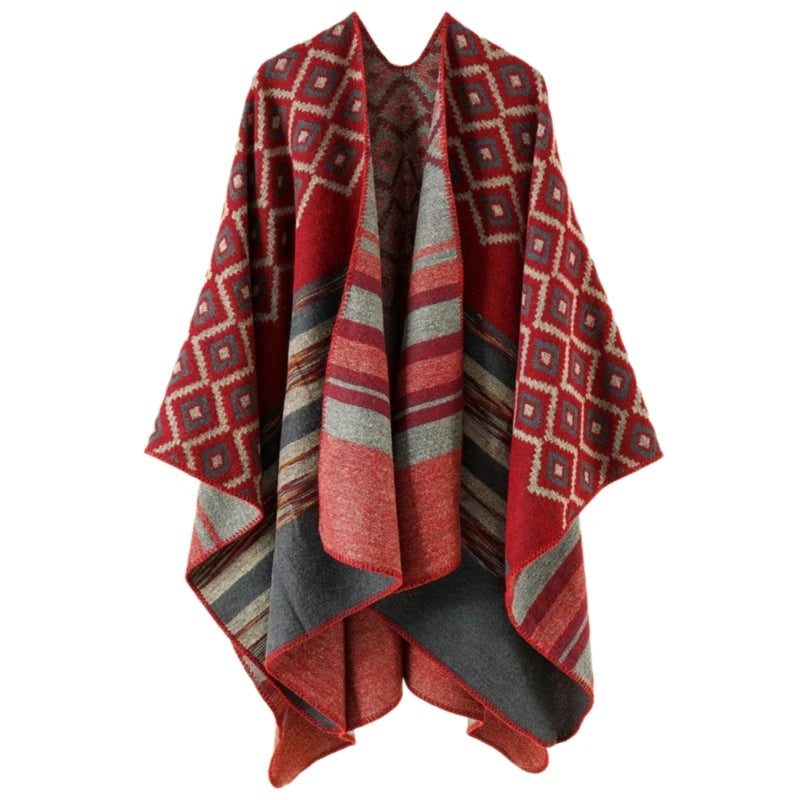 Geometric Pattern Mexico Poncho Sweater Handmade Pashmina Cloak Shawl Wrap for Travel Winter Autumn Windproof Capes