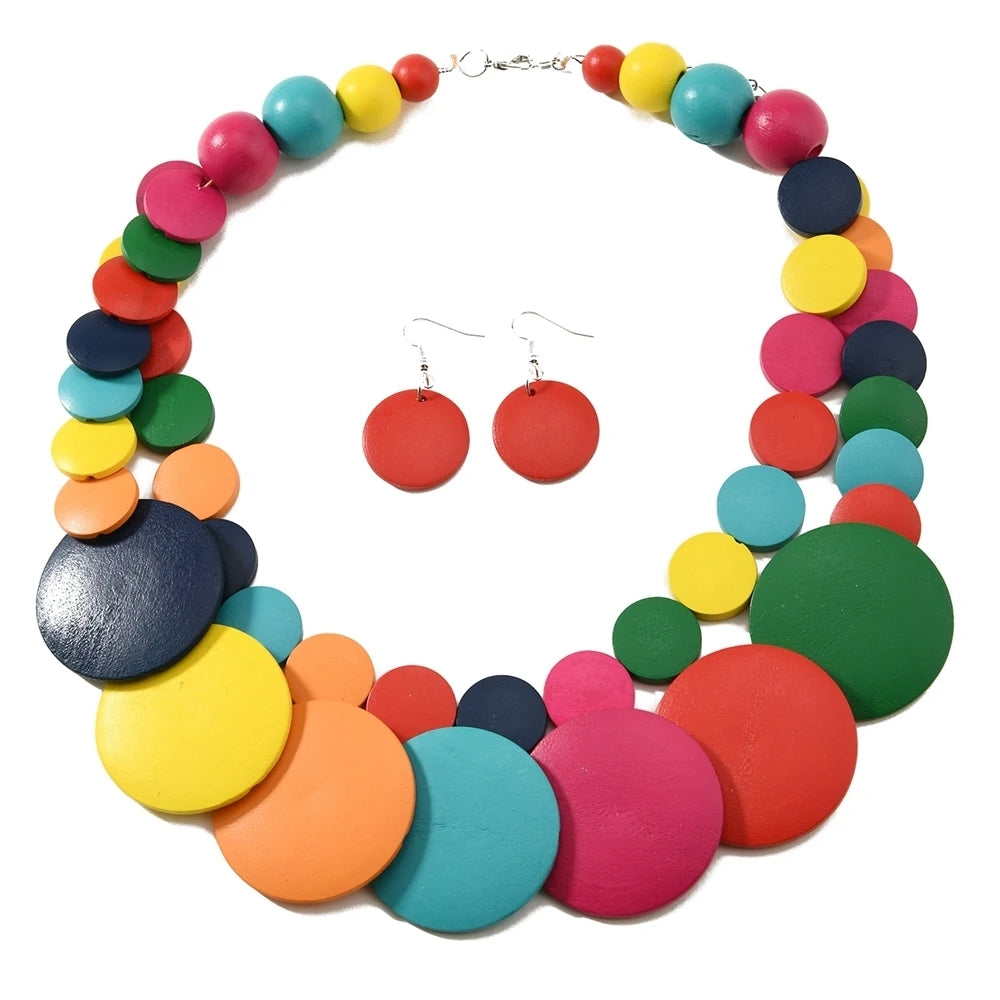 African Jewelry Bohemian Colored Geometric Round Wooden Beads Handmade Bead Necklace And Earrings