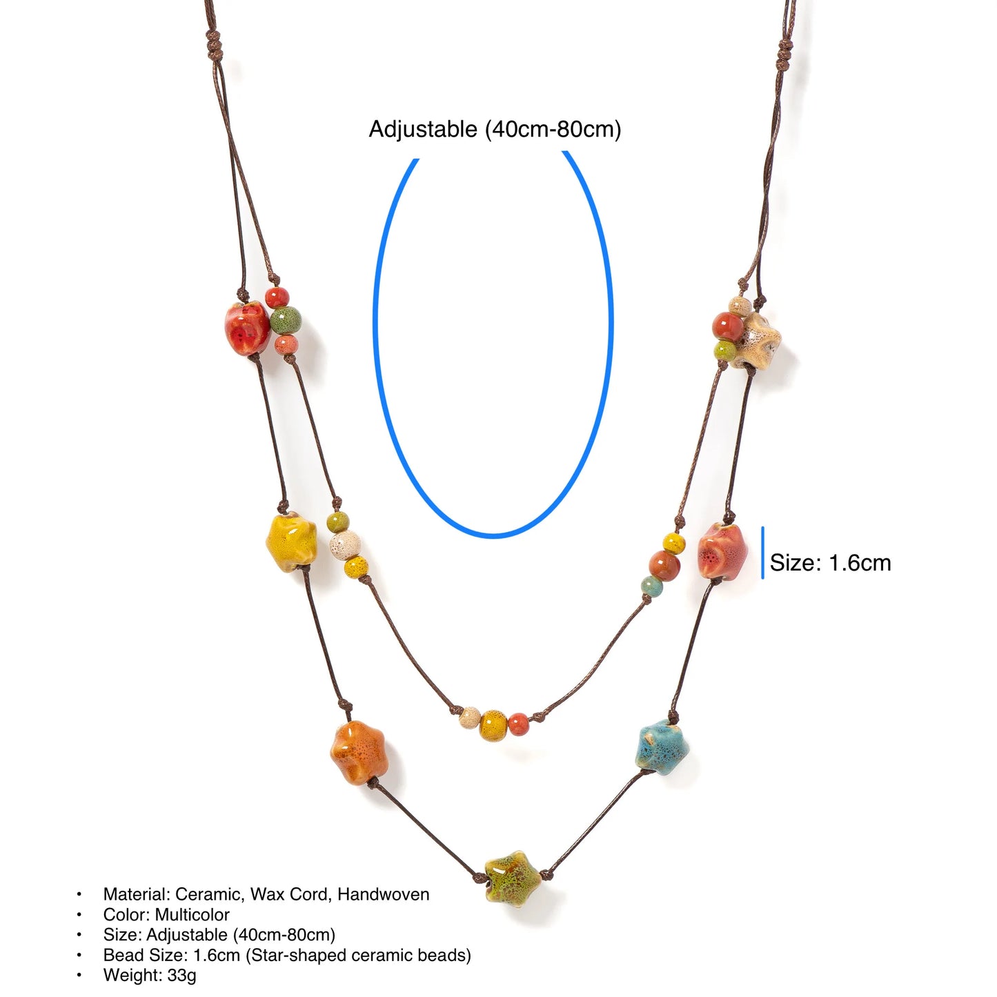 Handmade Colorful Double-layer Star Ceramic Necklace Adjustable Cord Bohemian Jewelry 1 Piece S001164