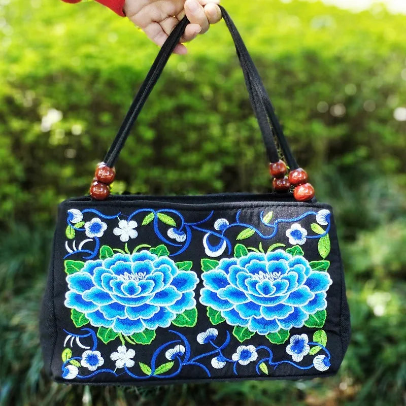 Ethnic-style Double-sided Embroidered Handbag Wooden Bead Accessories Zipper Hand Canvas Bag Portable Mobile Phone Wallet