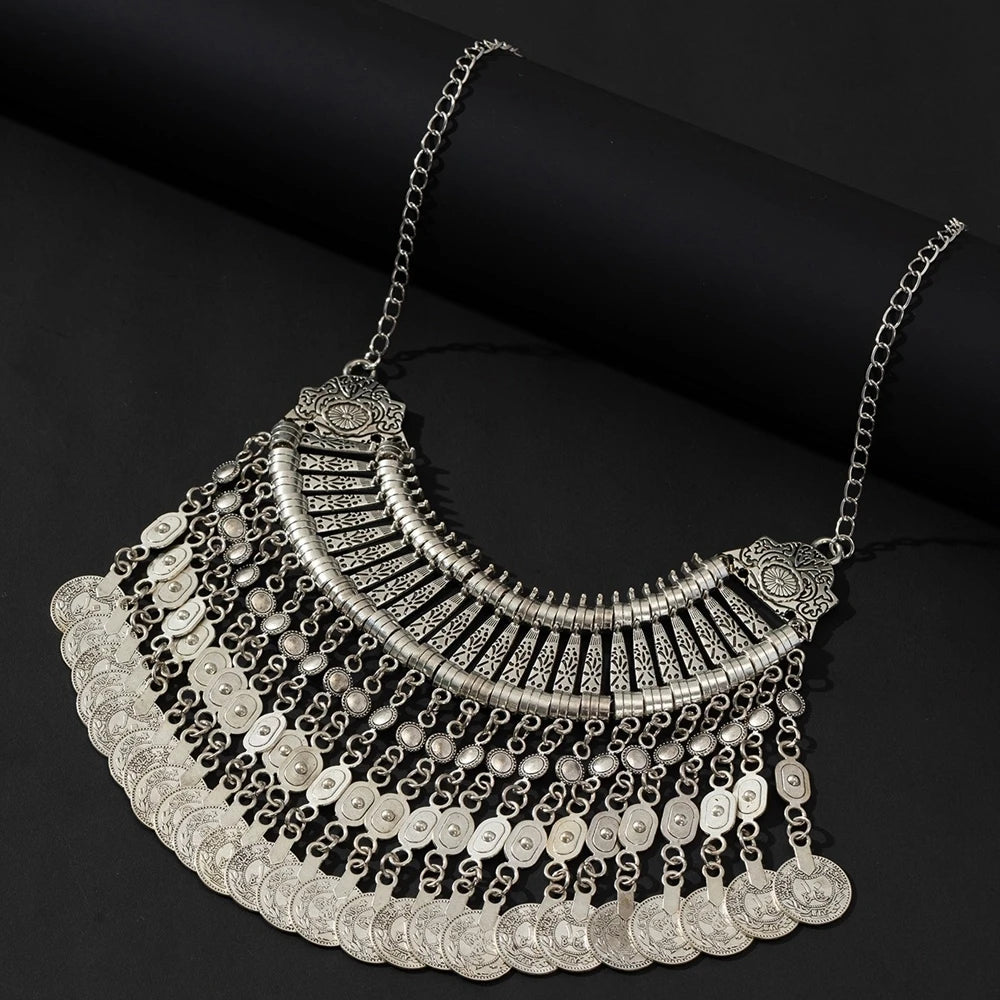 Gypsy Bohemia Metal Coin Tassel Statement Choker Necklace Women Boho Afghan Turkish Ethnic Tribal Jewelry