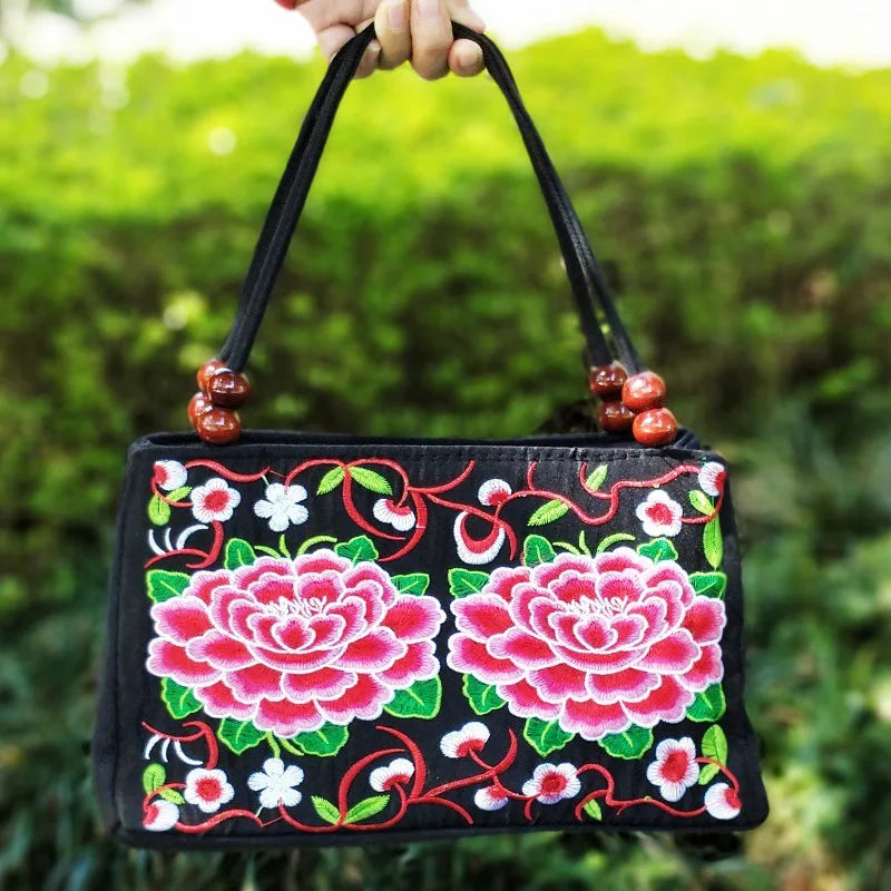 Ethnic-style Double-sided Embroidered Handbag Wooden Bead Accessories Zipper Hand Canvas Bag Portable Mobile Phone Wallet
