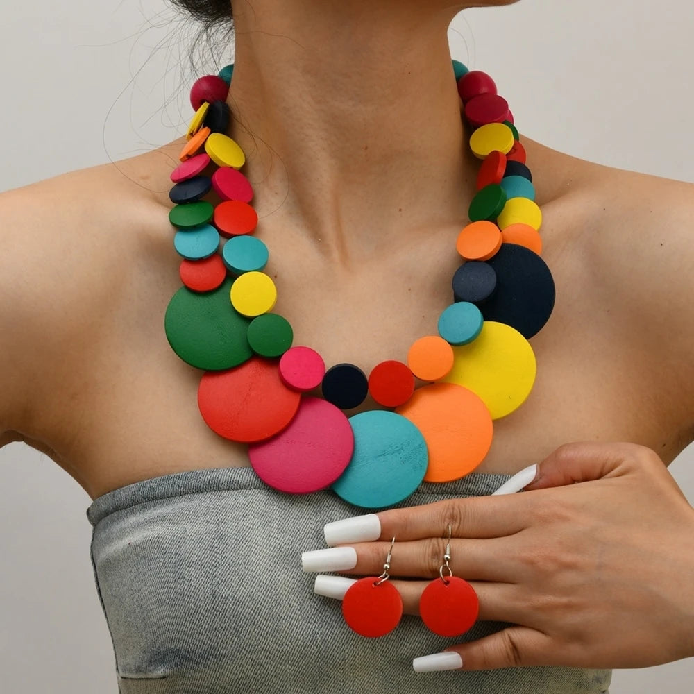African Jewelry Bohemian Colored Geometric Round Wooden Beads Handmade Bead Necklace And Earrings