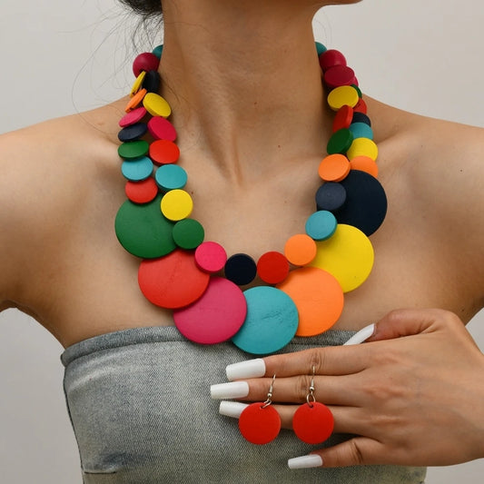 African Jewelry Bohemian Colored Geometric Round Wooden Beads Handmade Bead Necklace And Earrings