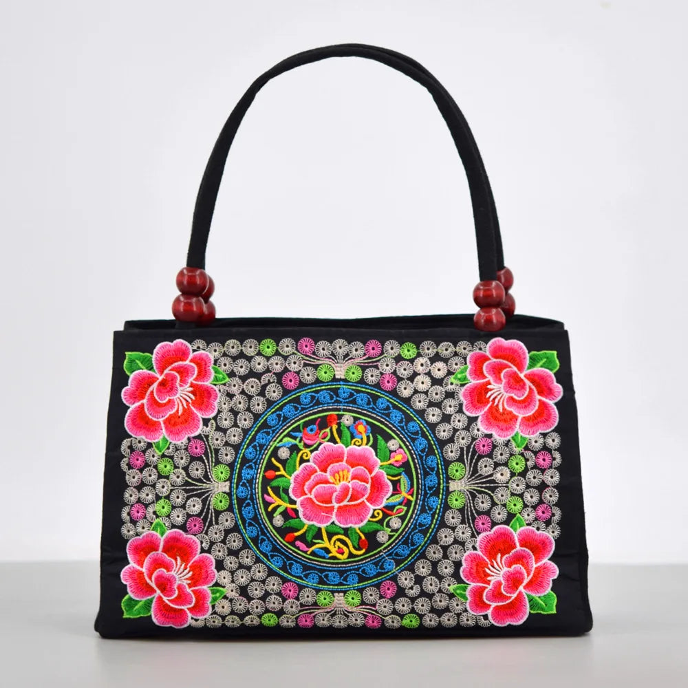Ethnic-style Double-sided Embroidered Handbag Wooden Bead Accessories Zipper Hand Canvas Bag Portable Mobile Phone Wallet