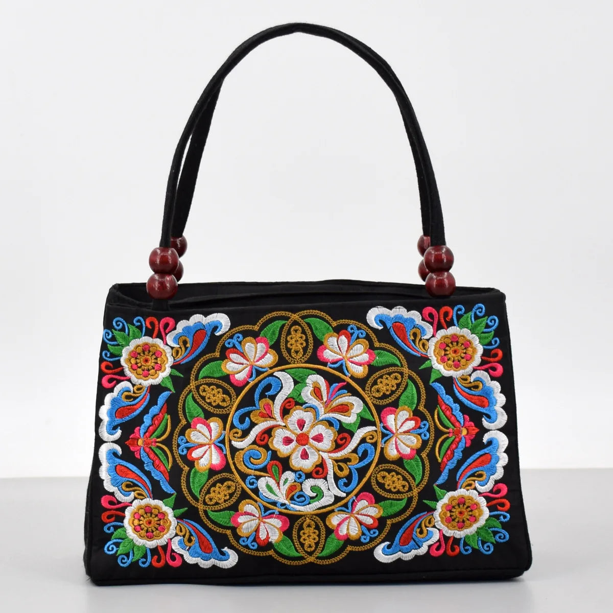 Ethnic-style Double-sided Embroidered Handbag Wooden Bead Accessories Zipper Hand Canvas Bag Portable Mobile Phone Wallet