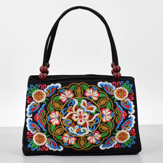 Ethnic-style Double-sided Embroidered Handbag Wooden Bead Accessories Zipper Hand Canvas Bag Portable Mobile Phone Wallet