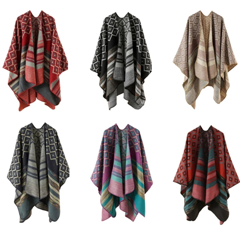 Geometric Pattern Mexico Poncho Sweater Handmade Pashmina Cloak Shawl Wrap for Travel Winter Autumn Windproof Capes