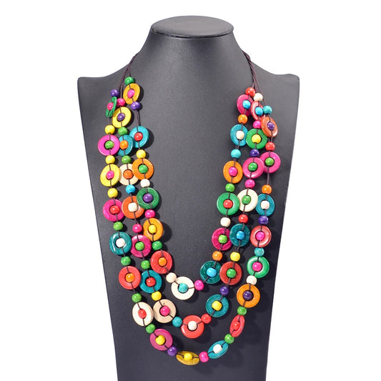 Ethnic Custom Handmade Multi Layer Color Wood Necklace & Pendant Bib Beads