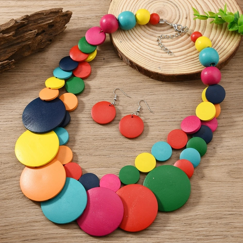 African Jewelry Bohemian Colored Geometric Round Wooden Beads Handmade Bead Necklace And Earrings