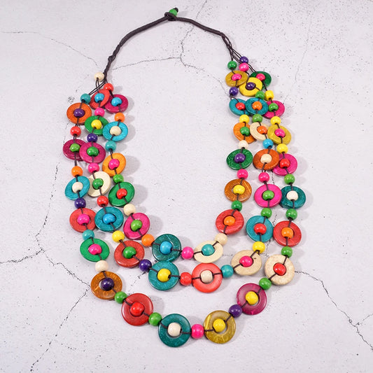 Ethnic Custom Handmade Multi Layer Color Wood Necklace & Pendant Bib Beads