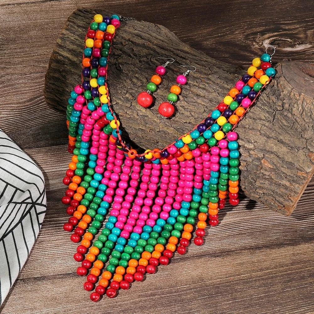 African Jewelry Set Bohemian Vintage Handmade Wooden Beaded Bib Necklace Earrings