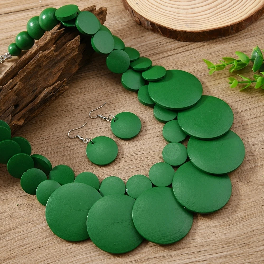 African Jewelry Bohemian Colored Geometric Round Wooden Beads Handmade Bead Necklace And Earrings