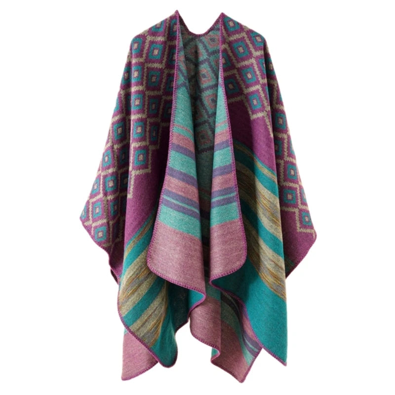 Geometric Pattern Mexico Poncho Sweater Handmade Pashmina Cloak Shawl Wrap for Travel Winter Autumn Windproof Capes