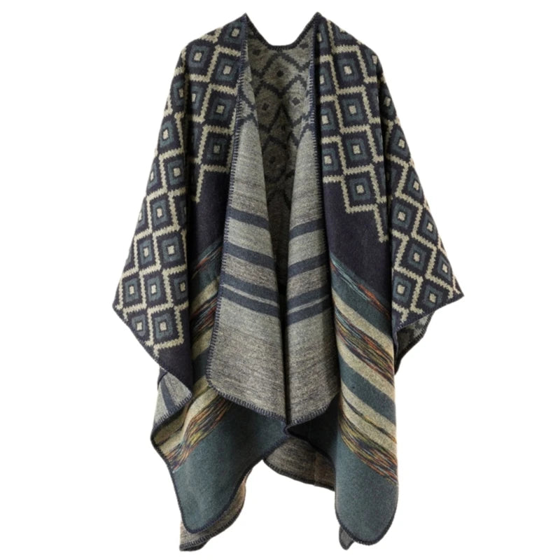 Geometric Pattern Mexico Poncho Sweater Handmade Pashmina Cloak Shawl Wrap for Travel Winter Autumn Windproof Capes