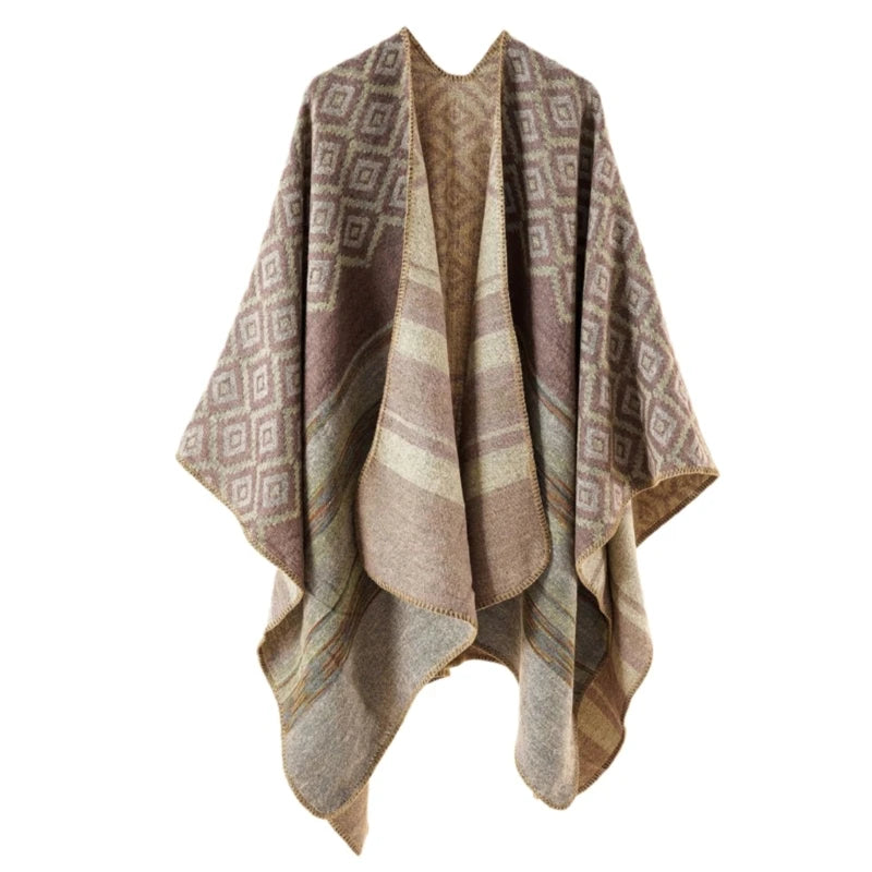 Geometric Pattern Mexico Poncho Sweater Handmade Pashmina Cloak Shawl Wrap for Travel Winter Autumn Windproof Capes