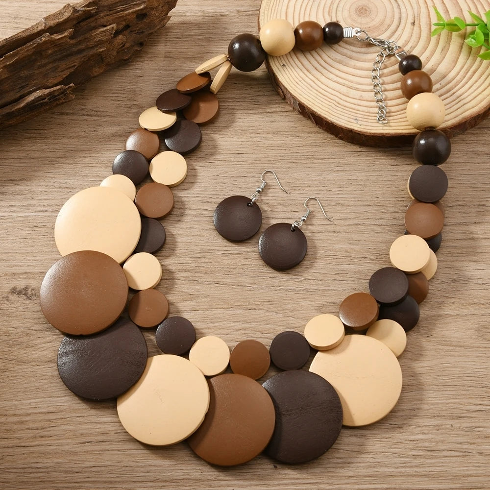 African Jewelry Bohemian Colored Geometric Round Wooden Beads Handmade Bead Necklace And Earrings
