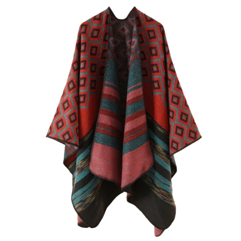 Geometric Pattern Mexico Poncho Sweater Handmade Pashmina Cloak Shawl Wrap for Travel Winter Autumn Windproof Capes