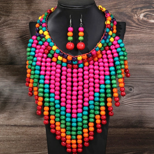 African Jewelry Set Bohemian Vintage Handmade Wooden Beaded Bib Necklace Earrings