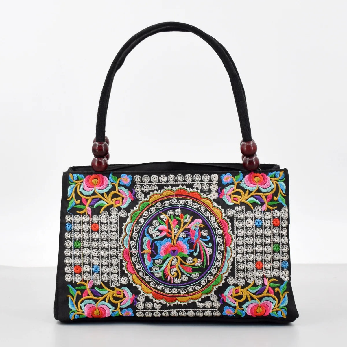 Ethnic-style Double-sided Embroidered Handbag Wooden Bead Accessories Zipper Hand Canvas Bag Portable Mobile Phone Wallet