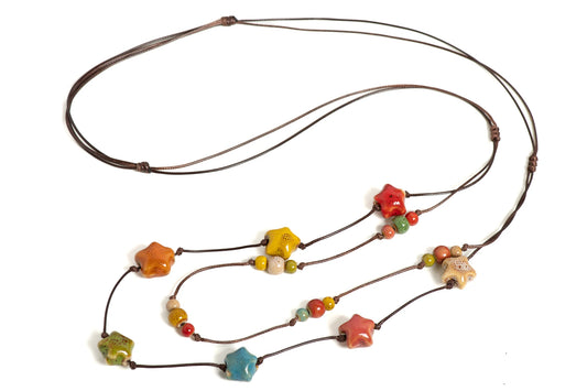 Handmade Colorful Double-layer Star Ceramic Necklace Adjustable Cord Bohemian Jewelry 1 Piece S001164