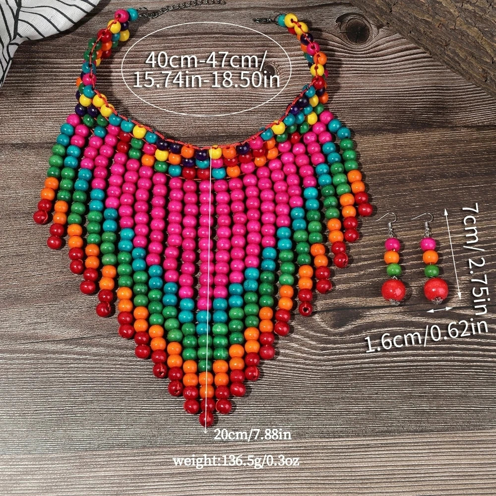 African Jewelry Set Bohemian Vintage Handmade Wooden Beaded Bib Necklace Earrings